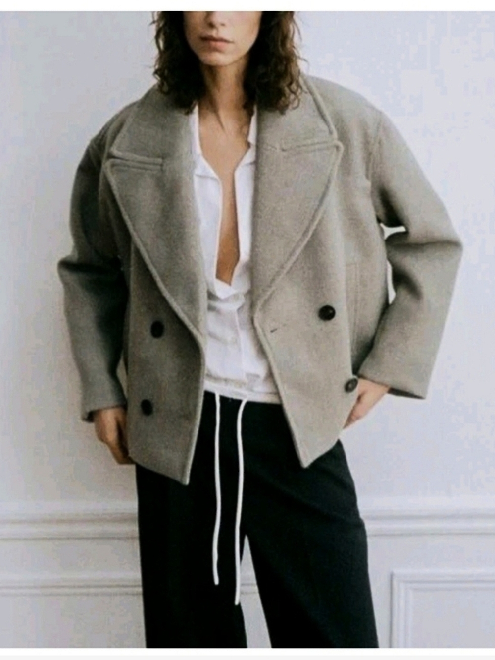 💖 ZARA Cropped Oversized  Double-Breasted Peacoat